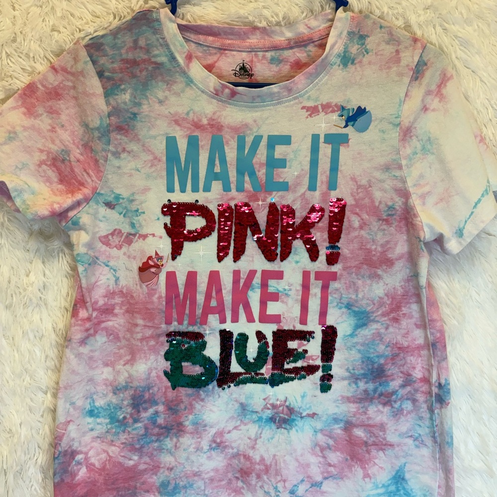 Disney Sleeping Beauty “Make It Pink Make It Blue” Sequin Tie Dye T-Shirt | M - Picture 5 of 16